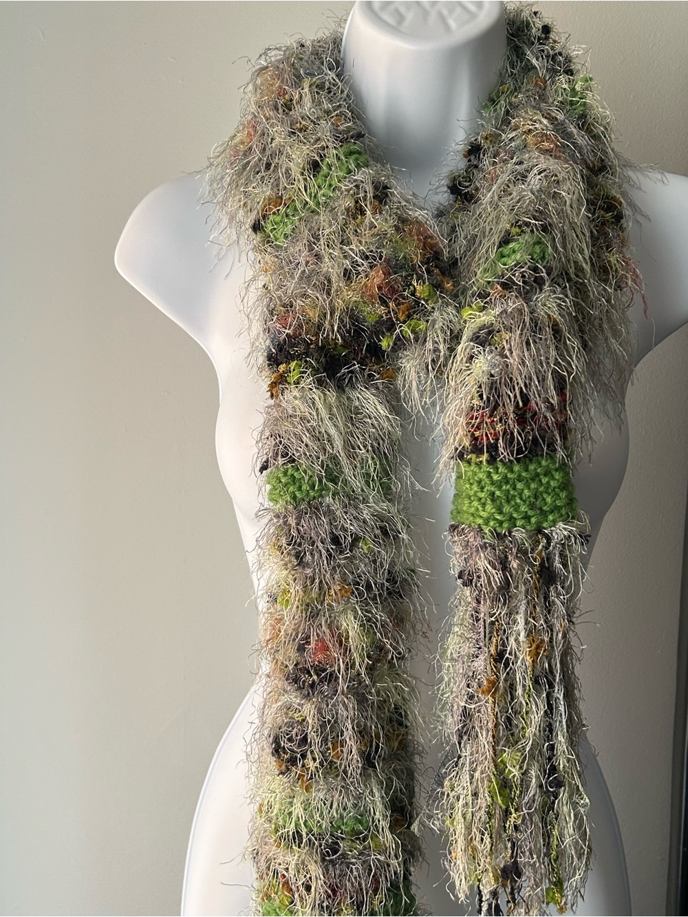 Fuzzy Knit Scarf in Green and Gray with Multicolor Accents